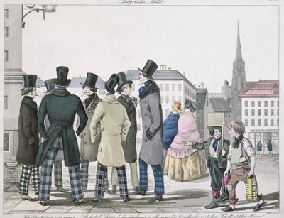 Elegante Männer in schottischen Hosen auf den Straßen von Wien, gestochen von J. W. Linke, ca. 1840 von Lempis